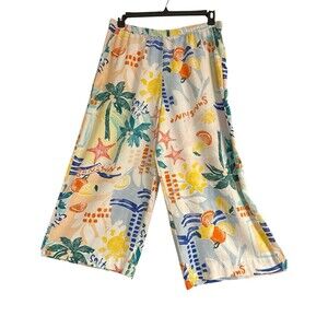 Sonoma Women’s Cropped  Tropical  Wide Leg Cropped Pants Sz L  Linen Blend New